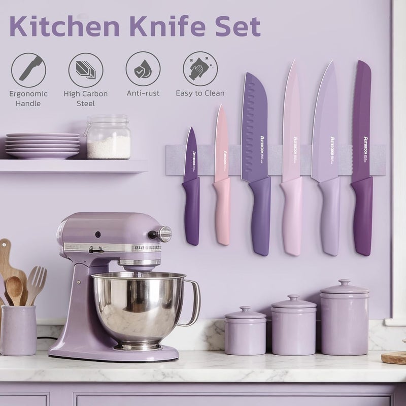 Astercook Knife Set, 13 Pieces Kitchen Knives Set with Healthy Anti-Rust Coating, Dishwasher Safe, Stainless Steel Chef Knife Sets with 6 Blade Guards, Perfect Holiday Gifts for Kitchen Purple - Image 4